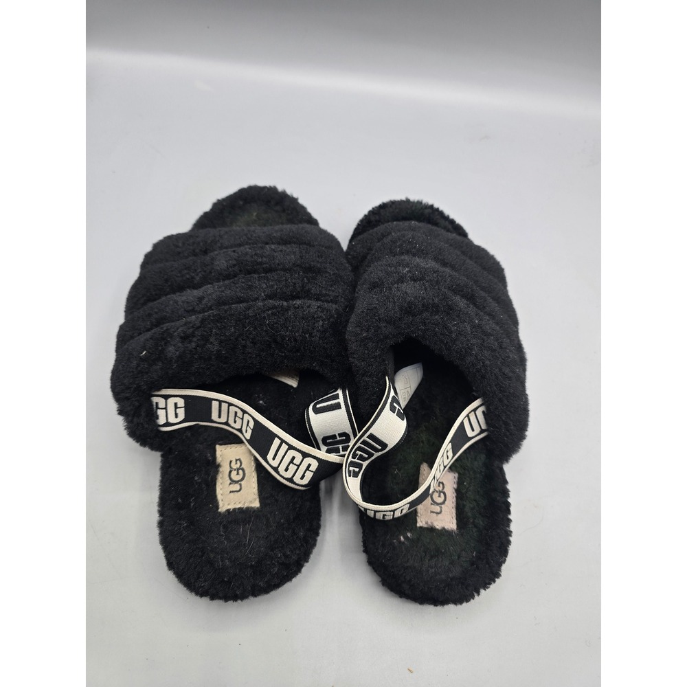 UGG Fluff Yeah Black‎ Sheepskin Slide Sandals Slippers Womens 6 1098494